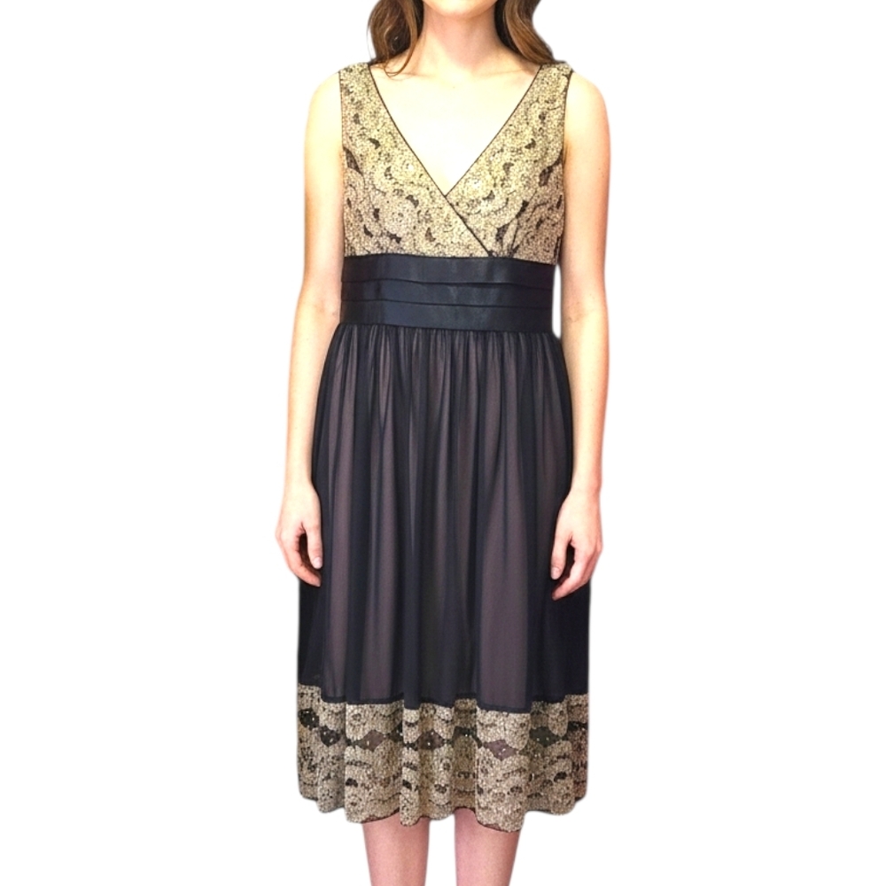R&M Richards black gold lace cocktail dress satin waist tulle Skirt Overlay 6‎